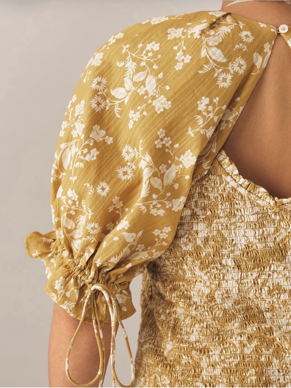Anthropologie Mustard Floral Smocked Puff Sleeve Top - Picture 10 of 12
